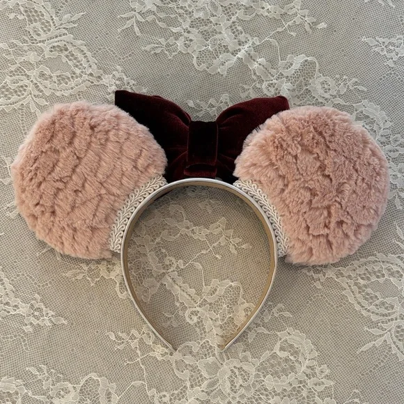 Dainty Coquette Plush Blush Pink Minnie Ears Headband with Burgundy Velvet Bow - Picture 2 of 3